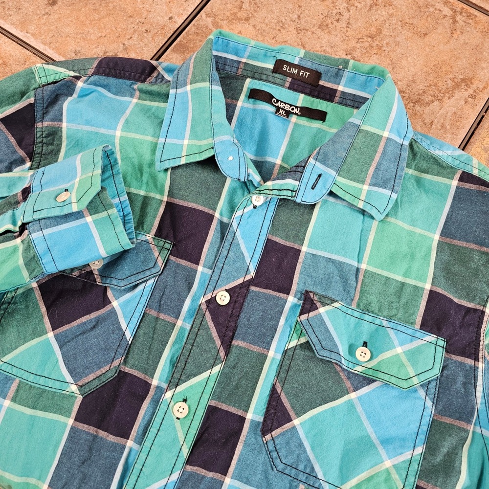 Carbon Slim Fit Plaid Long Sleeve Button Up Shirt Mens XL Blue Green